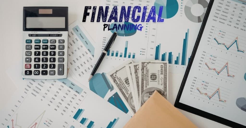 Financial planning theme: calculator, pen, charts and cash on a desk with Financial Planning headline