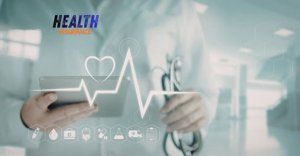 Medical professional with tablet and stethoscope, EKG line and health icons; health insurance banner