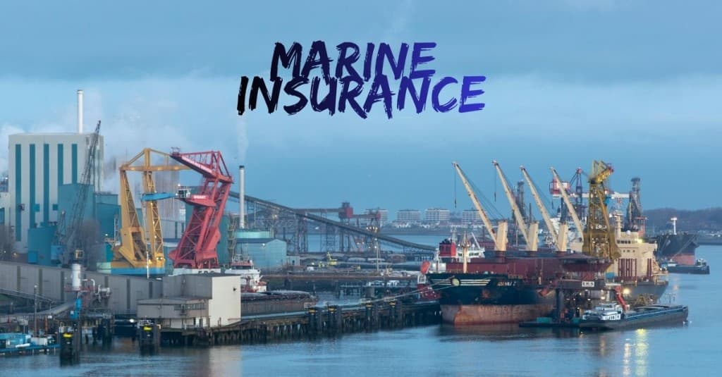 Commercial port with cargo ships and cranes; marine insurance banner