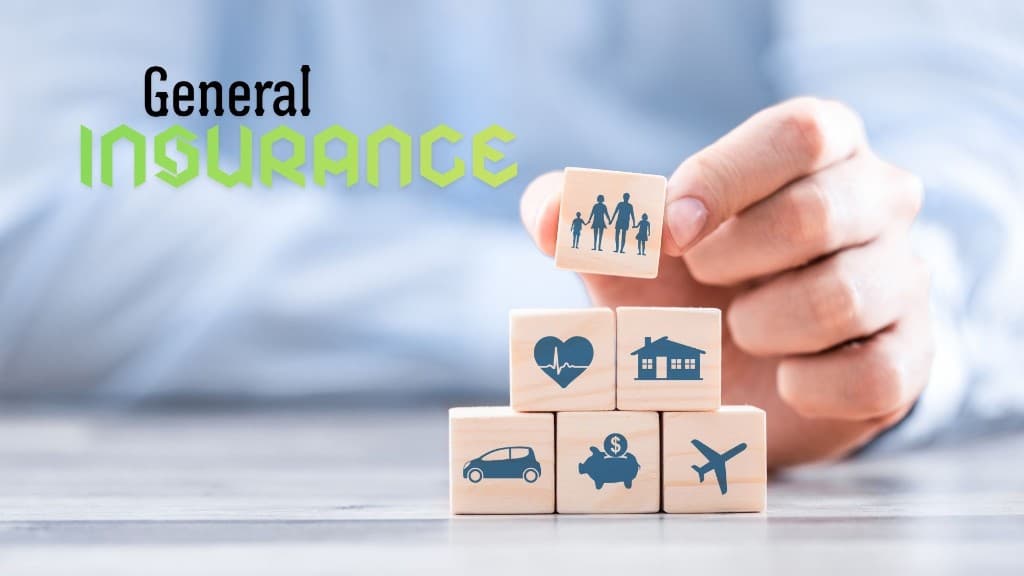 General Insurance banner with wooden blocks showing car, savings, travel, health, home and family icons building a protective foundation
