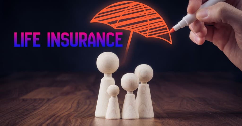 Wooden family figures under a hand-drawn protective umbrella with Life Insurance text, representing family financial protection